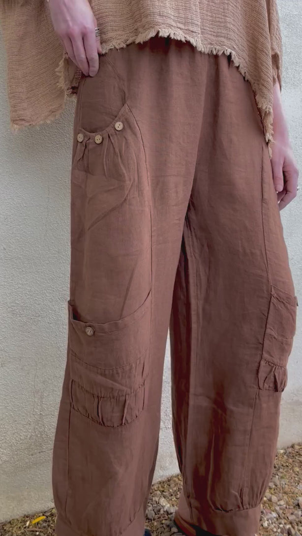 Conscious Coterie Holly Pant Coffee video of the pants on woman showing the front and side views