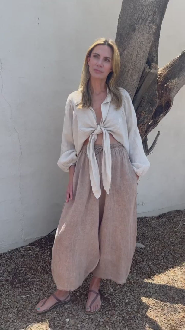 Conscious Coterie Mel Linen Pant in Brown on model product video