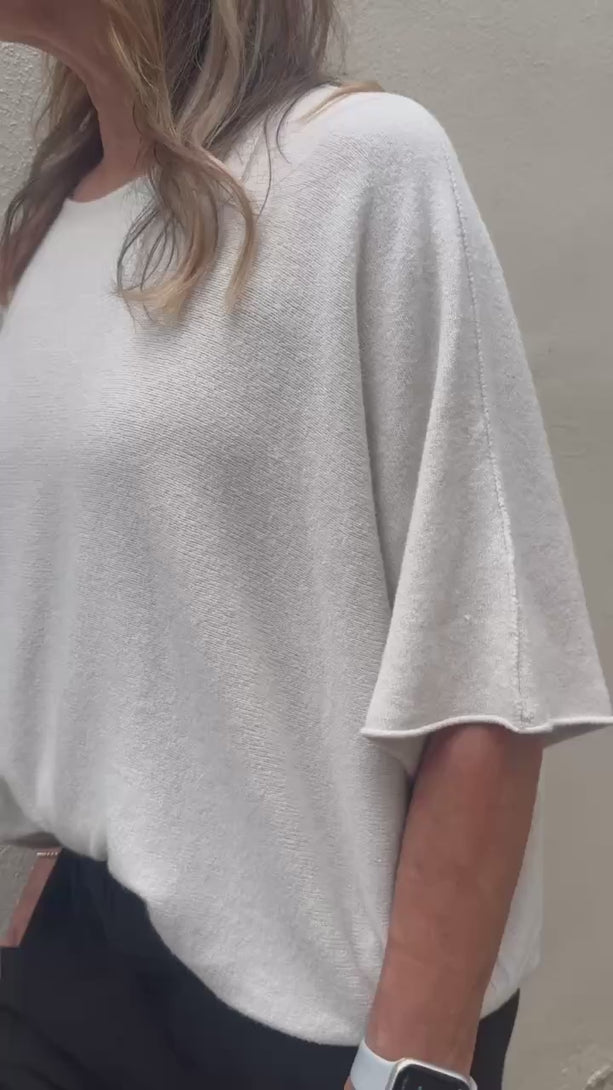Conscious Coterie Katie Short Sleeve Sweater in light beige on model product video