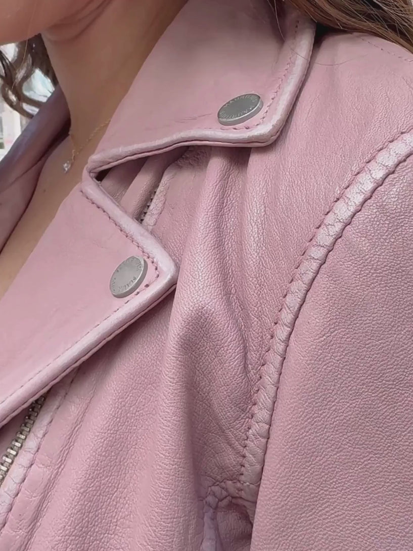 Conscious Coterie Sofia Leather Jacket in Hibiscus Pink video of woman wearing jacket showing all angles