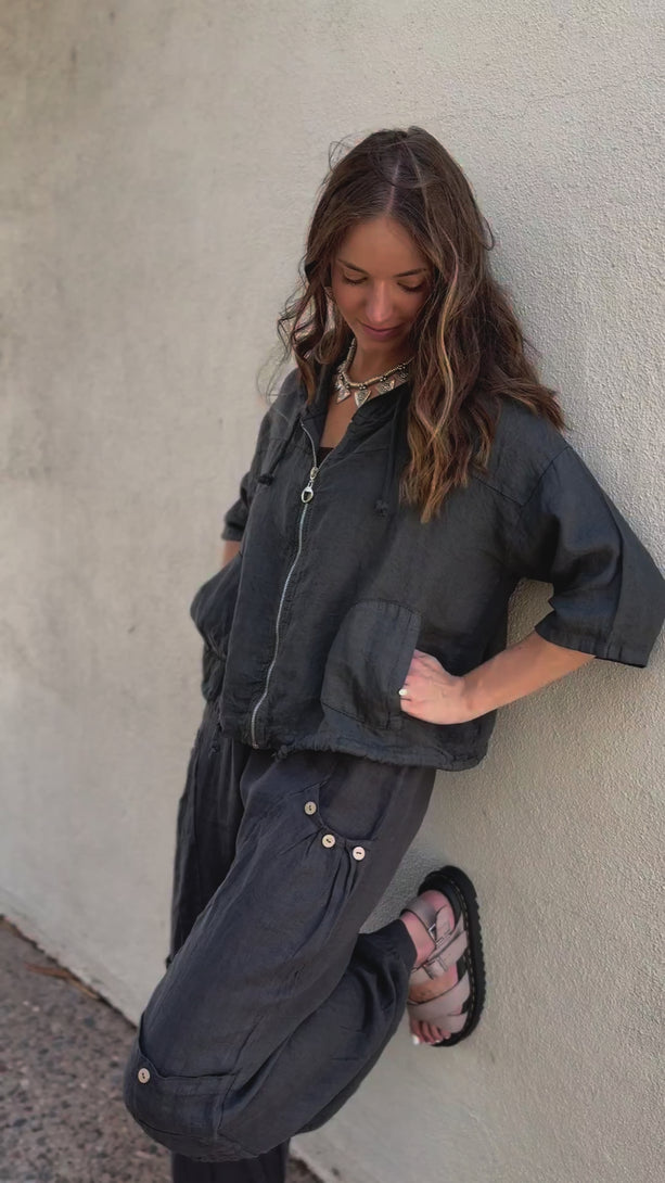 Product video of the Jade Jacket in charcoal by Conscious Coterie