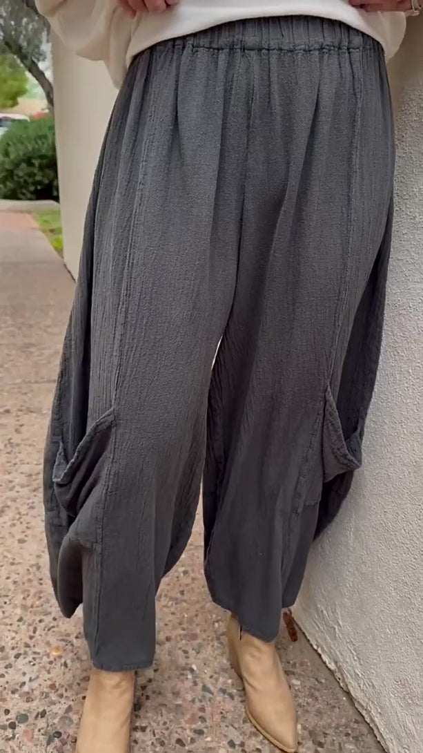 Conscious Coterie Lucy pant in charcoal grey video of woman wearing pant showing all angles