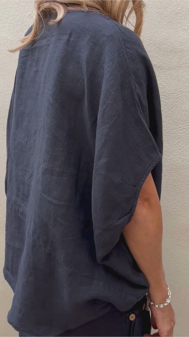 Conscious Coterie Felice Top Navy video of woman wearing top showing all angles