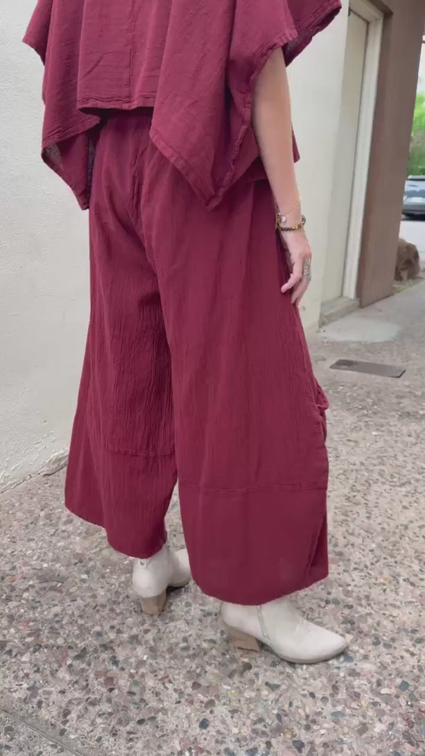 Conscious Coterie Lucy pant in wine video of woman walking while wearing these pants