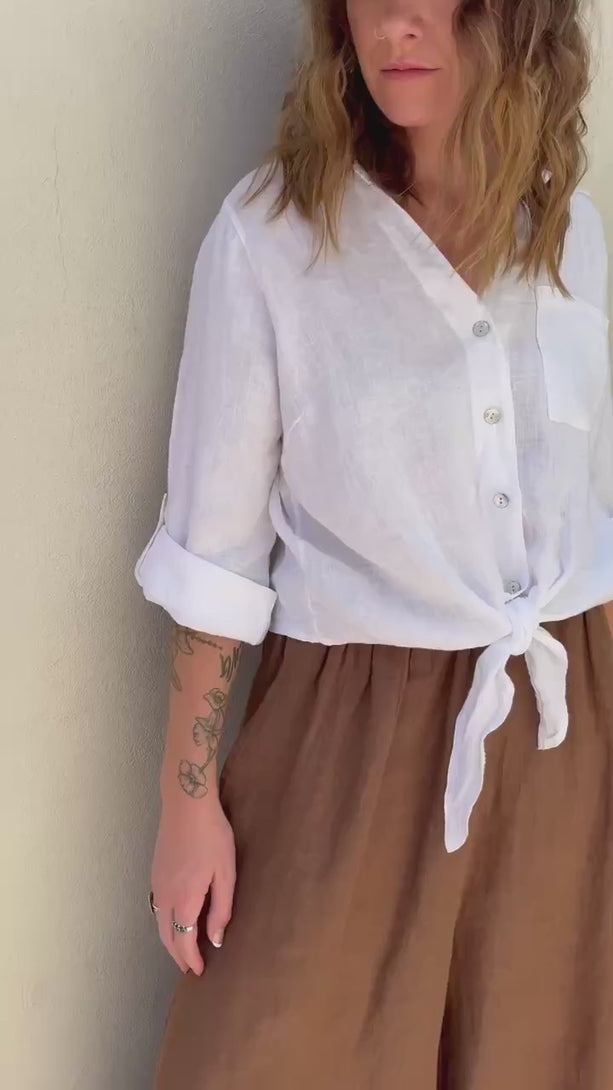 Conscious Coterie Jodi Linen Top in White on model product video