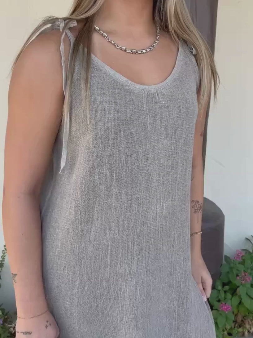 Conscious Coterie Lola Linen Cotton Dress in taupe on model product video