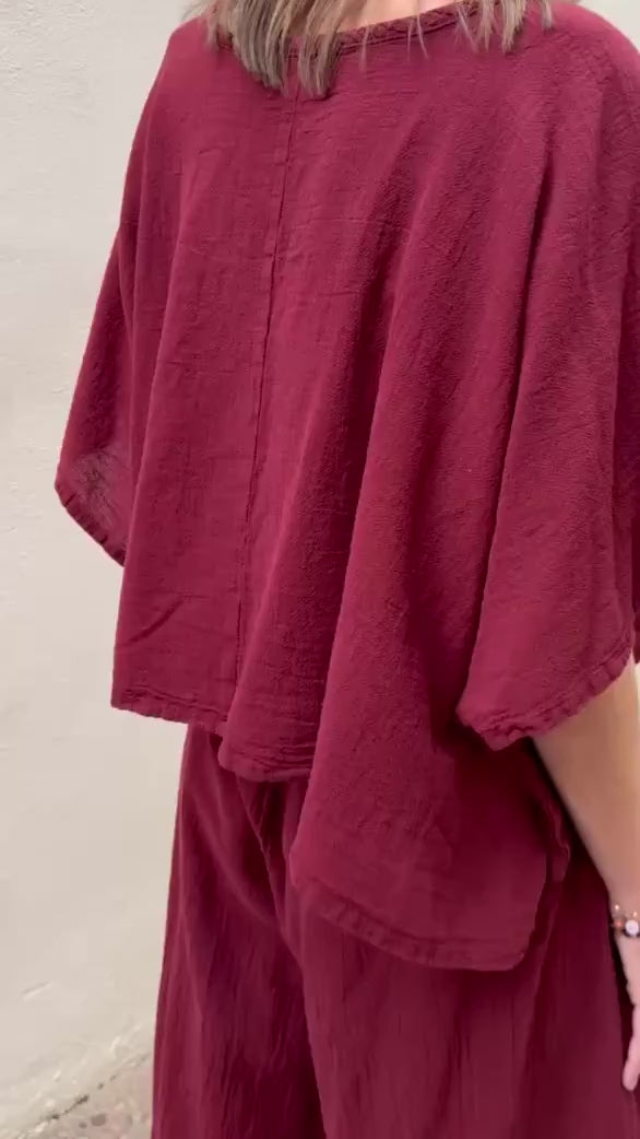 Conscious Coterie Carly top in wine video of a woman wearing this top showing all angles of this piece