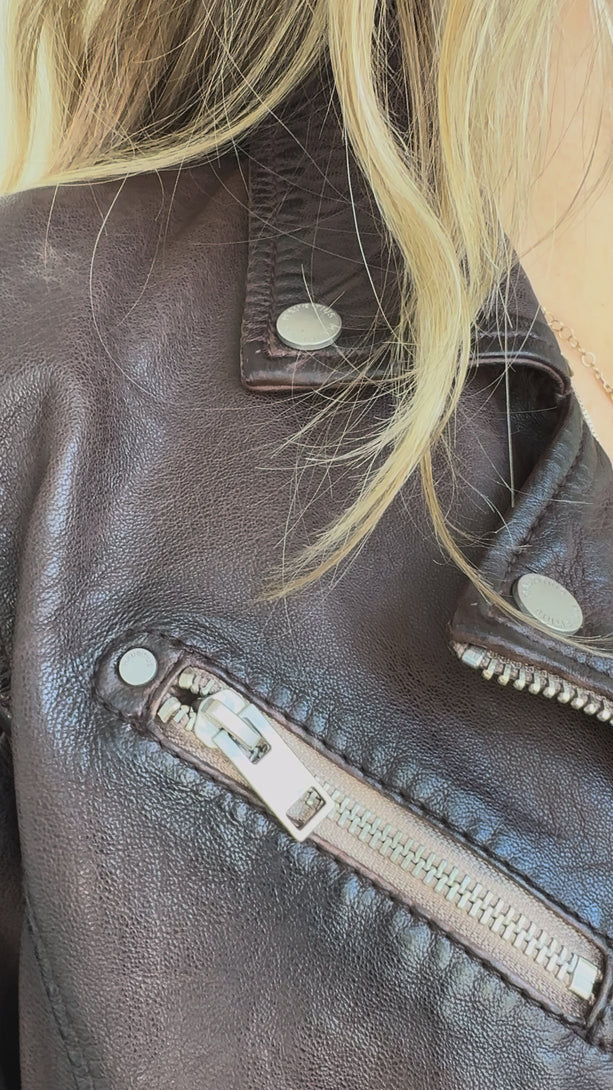 Conscious Coterie Sofia Leather Jacket in brown on model product video