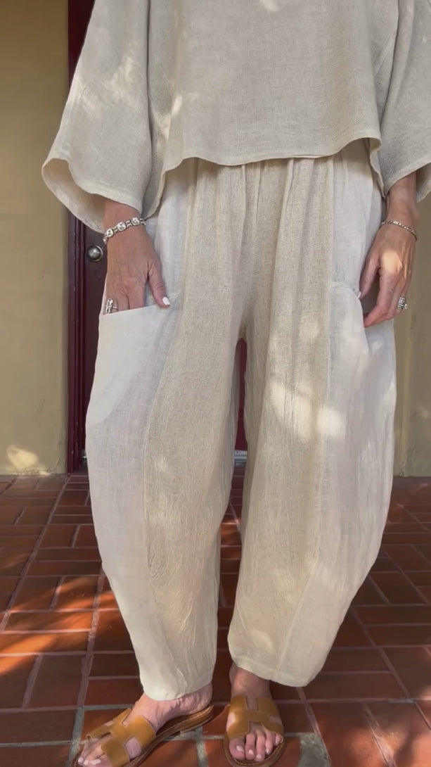 Conscious Coterie Michelle Pant Beige video of woman wearing pants showing all views of pant