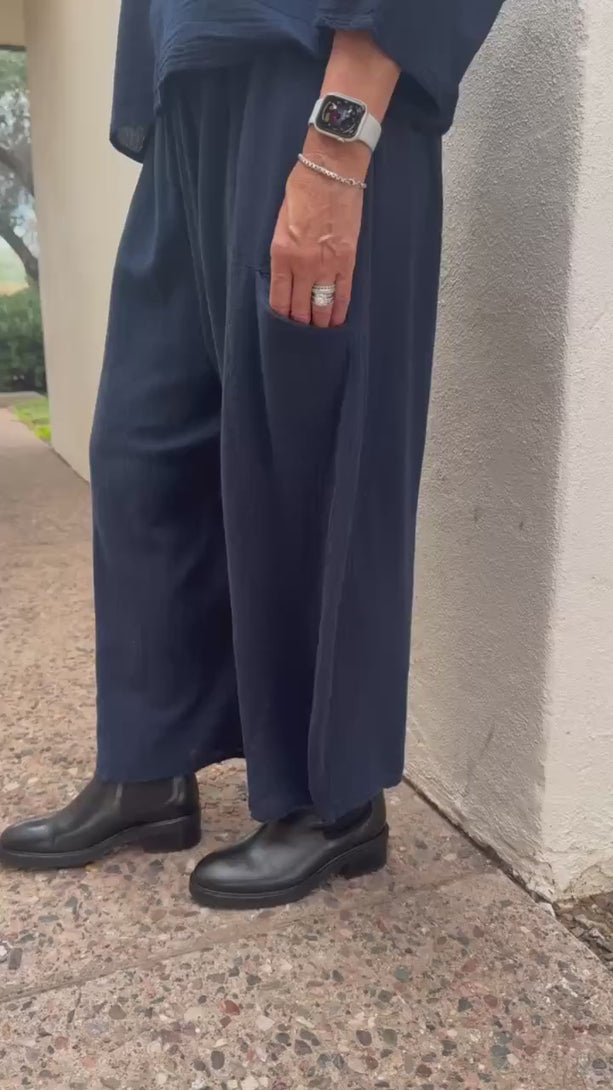 Conscious Coterie Mickey pant in navy blue video of woman wearing these pants