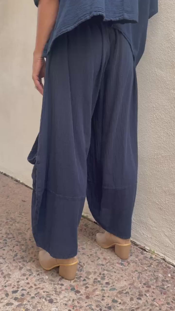 Conscious Coterie Lucy pant in navy blue video of woman wearing pants showing all angles