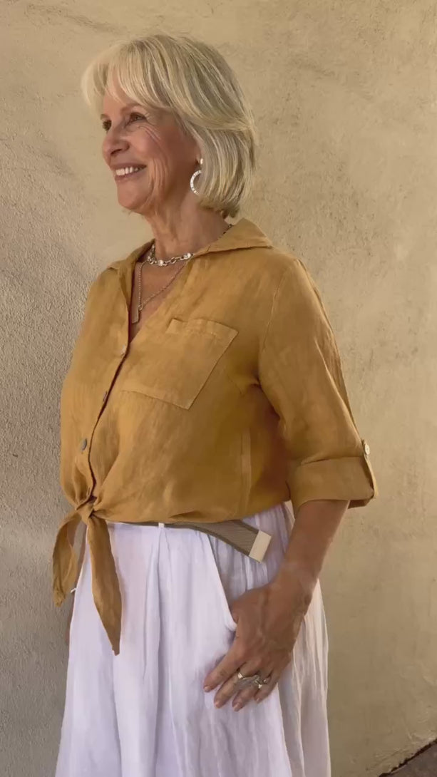 Conscious Coterie Jodi Linen Top in Camel on model product video
