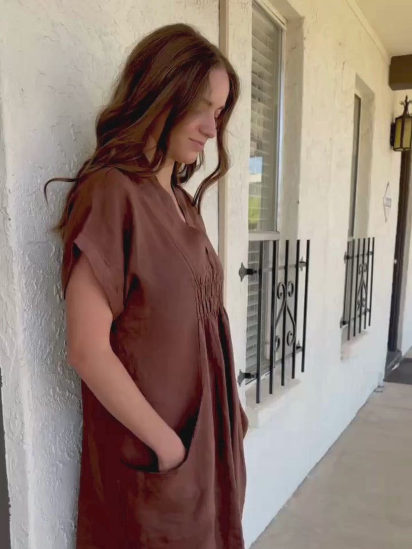 Conscious Coterie Kimmie Linen Dress in brown on model product video