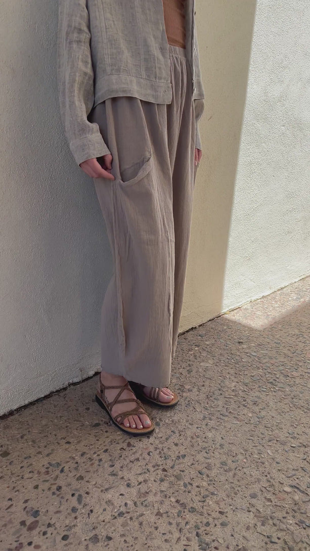 Conscious Coterie Mickey Cotton Pant in taupe on model product video